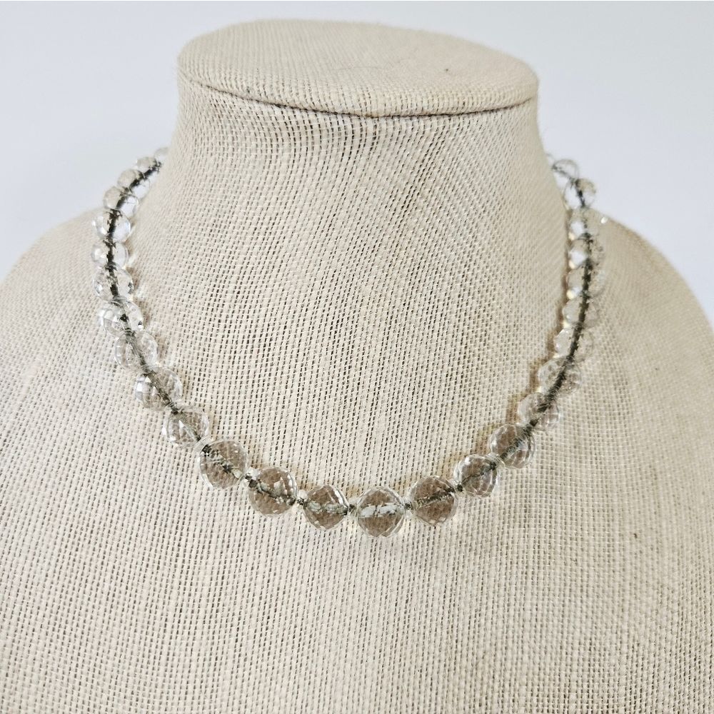 Antique Deco Sterling Silver Clasp Faceted Rock Crystal Beaded Riviere Necklace